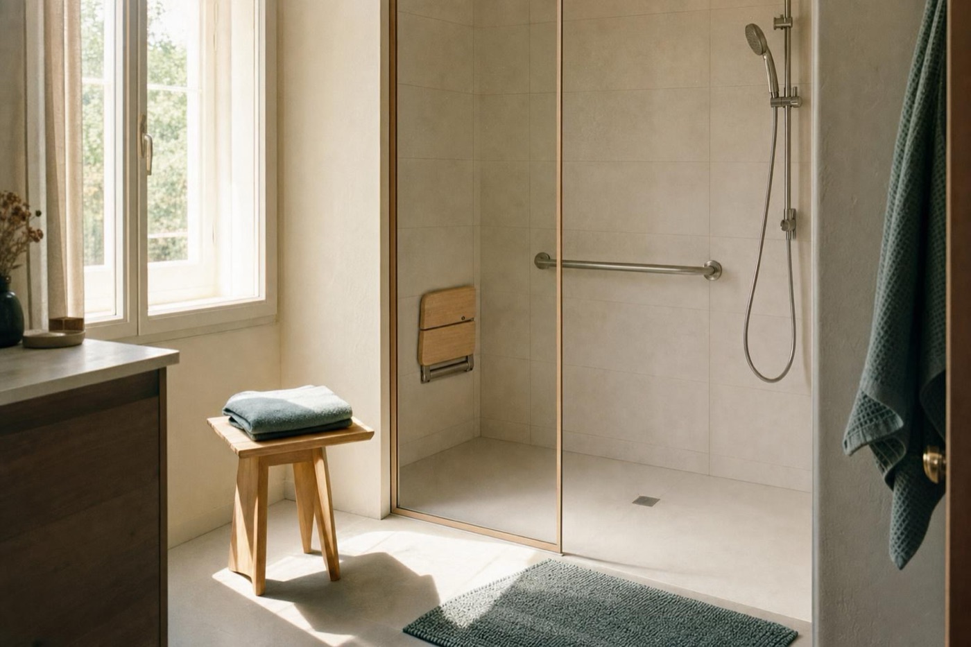 Douche de plain-pied avec barre d’appui et siège mural
